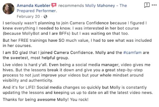 Amanda Kuebler giving a testimonial of a camera confidence course